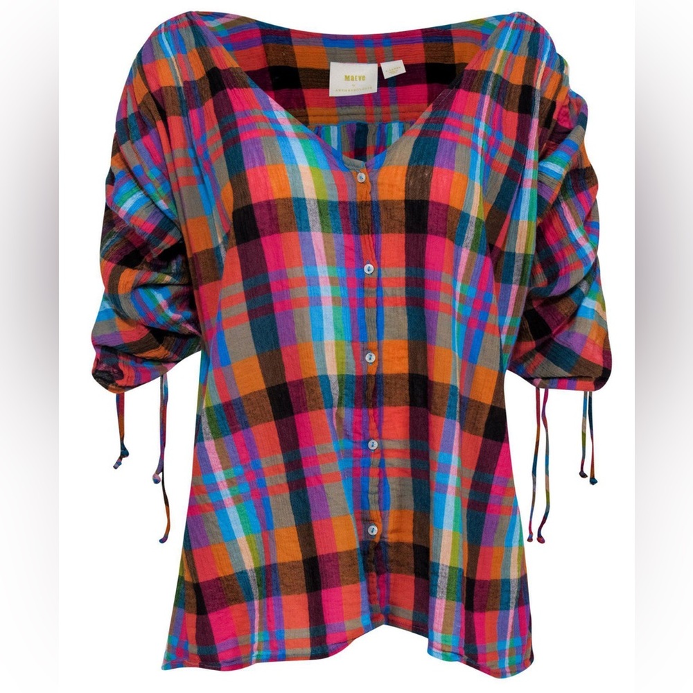 Maeve by Anthropologie - Multicolored Plaid Short Sleeve Button-Up Blouse